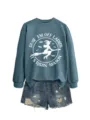 Damen Halloween Grafik Sweatshirt lässige Langarm Pullover Tops mit Jeansshorts Set - S / Oberteile / Blau (Weißer Druck)