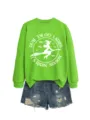 Damen grüner Pullover Rundhalsausschnitt mit Halloween Hexe Grafik lustiger Spruch Druck. - S / Oberteile / Leuchtgrün (Weißer Druck)