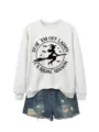 Halloween Hexe Grafik Print Rundhals Sweatshirt lässig Langarm Pullover für Damen - S / Oberteile / Off-White (Schwarzer Druck)