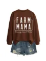 Braune Damen Sweatshirt mit Farm Mama Textdruck kombiniert mit Destroyed Jeansshorts. - S / Oberteile / Kaffeebraun