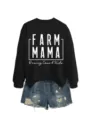 Lässiger Damen Herbst Winter Sweatshirt passend zu Jeansshorts Set mit Buchstaben Print. - S / Oberteile / Schwarz