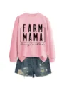 Rosa Damen Pullover und Jeansshorts Set, lässiger Stil für den Herbst und Winter. - S / Oberteile / Rosa (Schwarze Buchstaben)
