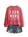 Rotes meliertes Sweatshirt mit Farm Mama Aufdruck Detail kombiniert mit Jeansshorts - S / Oberteile / Rot (Weißer Druck)