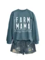 Blaugraues Sweatshirt mit weißer Farm Mama Aufschrift und Destroyed Jeansshorts. - S / Oberteile / Blau (Weißer Druck)