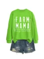 Grünes Sweatshirt mit Jeansshorts Set, lässige Damenbekleidung mit Buchstabenprint. - S / Oberteile / Leuchtgrün (Weißer Druck)