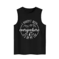 Detail view of black women tank top featuring inspirational mountain text graphic print. - S / Tops / Black