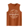 Detail of the rust orange women tank top featuring travel quote and mountain print. - S / Tops / Burnt Orange Tank Top (White Letter Color Print)