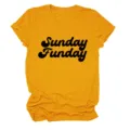 Mustard yellow short sleeve t-shirt for women featuring a retro Sunday Funday graphic print. - S / Tops / Mustard Yellow (Black Font)