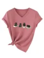 Femme Chat Noir Yoga Col V Manches Courtes T-Shirt Décontracté Été Haut Top Mode - Or rose