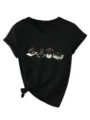 Femme T-Shirt Noir Col V Manches Courtes Imprimé Chats Yoga Mignon Ourlet Noué Top - Noir