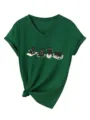 T-shirt femme col V manches courtes chat yoga mignon haut décontracté été détail - Vert Vintage