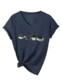 T-shirt femme chat noir yoga col V manches courtes, haut bleu chiné décontracté. - Bleu Marine