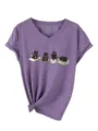 Femme mignon chat noir yoga impression col V manches courtes violet t-shirt haut décontracté - Violet