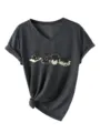 T-shirt femme col V manches courtes gris foncé imprimé chat yoga mignon haut décontracté - Gris Chiné Noir