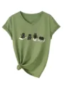 T-shirt femme graphique chats yoga mignon col V manches courtes noué élégant haut d'été - Vert olive