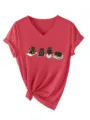Femmes mignonnes chats noirs yoga impression col V manches courtes t-shirt rouge top - Rouge