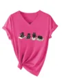 Joli t-shirt femme col V à manches courtes imprimé chats yoga, haut rose décontracté vue détaillée. - Rose rouge