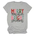 Maglietta grigia da donna a maniche corte girocollo con stampa merry teacher bright students - Taglia S / Top / Grigio Chiaro (Grafica a colori con testo nero)