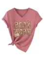 T-shirt femme col V manches courtes imprimé floral livre vintage style décontracté - Or rose