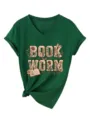 T-shirt femme décontracté col V manches courtes vert avec imprimé floral livre ver esthétique. - Vert Vintage