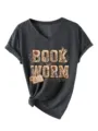 Femme vintage ver de livre graphique col V manches courtes t-shirt decontracte ete - Gris Chiné Noir