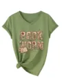 T-shirt décontracté vert à col en V pour femmes avec imprimé floral de rat de bibliothèque. - Vert olive
