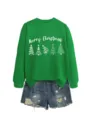 Women green Christmas tree graphic long sleeve crewneck sweatshirt with denim shorts set - S / Tops / Grass Green (White Print)