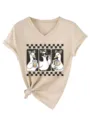 Women casual cute V-neck short sleeve T-shirt with funny duck graphic and chic knot hem. - S / Tops / Sand