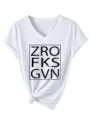 Women casual white V-neck short sleeve t-shirt with knotted hem and cool graphic letter print. - S / Tops / White (Black Print)