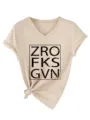 Women's casual V-neck short sleeve T-shirt with front knot letter print tee top. - S / Tops / Sand (Black Print)