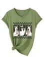 Casual γυναικείο πράσινο T-shirt με V-λαιμό και χαριτωμένο σχέδιο με τρεις πάπιες. - Λαδί