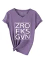 Women's purple v-neck short sleeve knotted t-shirt with graphic print, casual top. - Purple