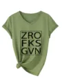 Casual olive green v-neck short sleeve t-shirt with front text print and front knot detail. - Olive Green (Black Print)