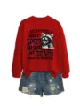 Damen lustiger Waschbär Print roter Langarm Pullover kombiniert mit stylischen Jeansshorts. - S / Oberteile / Knallrotes Sweatshirt (Schwarzes Muster)