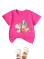 Detailed view of the cute watercolor farm animal short sleeve t-shirt for kids, pink. - 90 / Tops / Rose Red