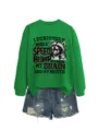 Grüner Rundhals-Sweatshirt und Destroyed-Denim-Shorts Set mit lustigem Waschbär-Druck. - S / Oberteile / Grasgrünes Sweatshirt (Schwarzes Muster)