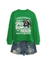 Grüner Langarm-Pullover mit witzigem Waschbär-Grafikprint und modischen Jeansshorts. - S / Oberteile / Grasgrünes Sweatshirt (Weißes Muster)