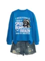 Damen blauer Rundhals Langarm Sweatshirt mit lustigem Waschbären Grafik und Print. - S / Oberteile / Seeblau (Weißer Druck)
