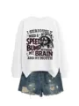 Lässiger Damen Langarm Pullover mit lustigem Waschbär Grafikdruck für Herbst und Winter. - S / Oberteile / Weißes Sweatshirt (Schwarzes Textmuster)