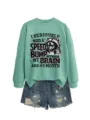 Lockerer mintgrüner Langarm-Pullover mit lustigem Waschbär-Grafiktext-Druck für Damen. - S / Oberteile / Hellgrün (Schwarze Grafik)