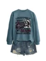 Damen lässiger langärmliger Pullover mit lustigem Motiv und Jeansshorts Herbst Outfit Set - S / Oberteile / Blaues Sweatshirt (Schwarzes Textmuster)