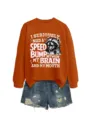 Oranger Damen Pullover mit lustigem Waschbär Grafik und Destroyed Jeansshorts Set. - S / Oberteile / Dunkeloranges Sweatshirt (Weißes Muster)