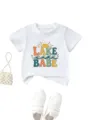 Detail shot of white kids t-shirt featuring colorful lake babe sun graphic and soft fabric. - 90cm / Tops / White