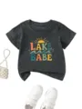 Toddler dark gray short sleeve t-shirt with lake babe sun graphic cute summer kids casual tee - 90cm / Tops / Dark Gray