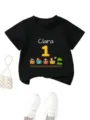 Maglietta nera per bambini manica corta con nome personalizzato Clara e trenino animali. - 90 / Top / Nero