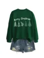 Women Christmas sweatshirt with tree graphic and denim shorts casual holiday outfit set - S / Tops / Dark Green Sweatshirt (White Text Pattern)