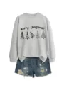 Detailed view of the stylish Christmas themed long sleeve sweatshirt paired with denim shorts. - S / Tops / Grey Sweatshirt (Black Text Pattern)