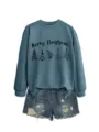 Casual grey blue women long sleeve crewneck sweatshirt with christmas tree graphic print detail - S / Tops / Blue Sweatshirt (Black Text Pattern)