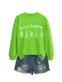 Women fashion casual green crewneck sweatshirt with Christmas tree print and denim shorts. - S / Tops / Neon Green Sweatshirt (White Pattern)