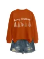 Women's orange Christmas tree graphic sweatshirt paired with stylish distressed denim shorts. - S / Tops / Burnt Orange Sweatshirt (White Graphic)
